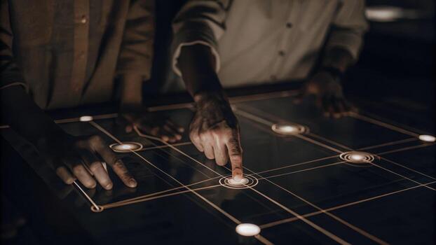 A dynamic closeup of a businessmans face lit by holographic visuals that demonstrate realtime analytics showing enthusiasm as he shares insights with the team.. photo