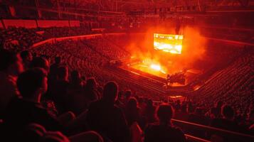 A wideangle view of the packed arena with spectators tightly seated and their faces illuminated by the glow of screens while a blurred motion effect captures the energy of the crow photo