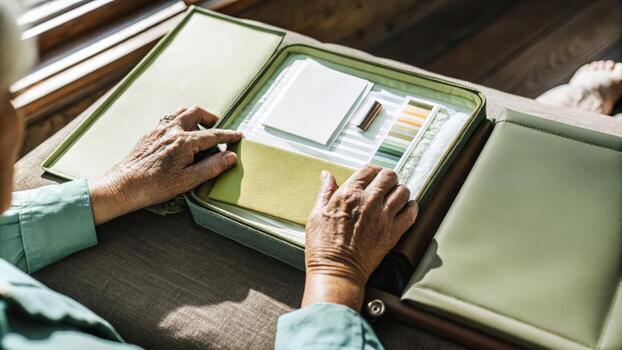 A closeup of a testing kits packaging lying open revealing neatly organized components and informational brochures with a pair of aging hands gently touching the materials.. photo