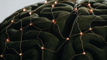 A detailed shot of the cerebral cortex with glowing synaptic connections showcasing realtime interaction as light patterns morph based on cognitive functions like memory and. photo