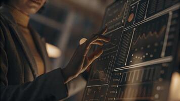A medium closeup of a holographic interface showcasing realtime data analytics with a focused tech spet adjusting settings with a swipe of their hand.. photo