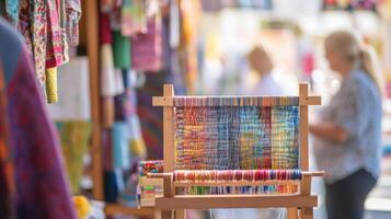 A lively demonstration of textile art is underway with fiber artists weaving colorful threads on looms. The softly blurred backdrop of fabric samples and hanging art adds depth to th photo