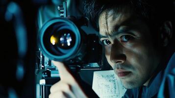 A detailed image showcasing the cinematographers concentration as they peer through the viewfinder while aligning a new lens notes and settings jotted on a clipboard visible nearby photo