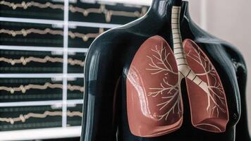 A detailed view of a human torso with a digital overlay of a respiratory system dynamically showing airflow patterns and lung capacity complemented by fluctuating graphs in the. photo