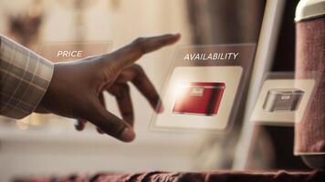 A hand reaching towards a holographic representation of a product as digital metrics including price and availability appear and rotate around it in midair.. photo