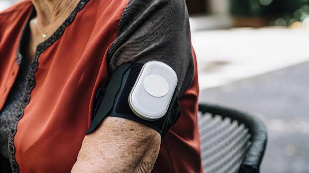 A detailed view of a seniors smarch paired with an elegantly designed blouse that features biosensors capturing health metrics while maintaining a chic appearance.. photo
