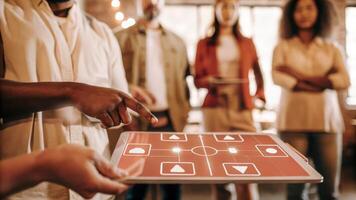 A handson interaction where a group member is dragging and dropping icons on a holographic interface during a strategy session enhancing collaborative decisionmaking.. photo
