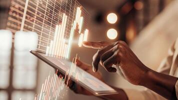 A detailed view of interactive 3D holograms representing diverse enterprise metrics where a focused analyst manipulates the data with hand movements creating a dynamic data. photo
