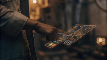 A closeup of a users hand navigating through a 3D virtual interface showcasing competitor performance metrics in vibrant holograms.. photo