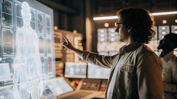 A futuristic technology lab where a researcher manipulates holographic simulations of new software applications their focused expression illuminated by the bright display.. photo