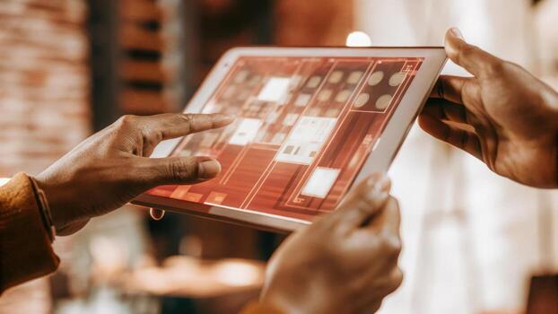 A closeup of a holographic prototype being rotated by a users gestures highlighting the innovative interaction between technology and design.. photo