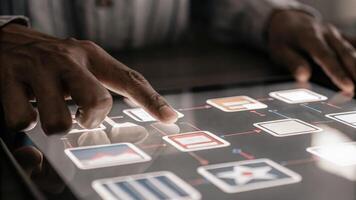 A closeup of hands touching an interactive holographic screen highlighting customer feedback loops within a business process enhancing user experience through vibrant engaging. photo