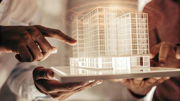 A closeup of hands pointing at a rotating 3D model of a new corporate structure within a holographic interface indicating teamwork and brainstorming a colleagues.. photo