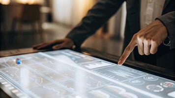 A closeup of a smart surface displaying a holographic dashboard of live market analytics while a professional taps on designated areas to drill down into specific financial metrics. photo