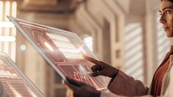 A focused individual analyzing a holographic marketing analytics dashboard with data visuals highlighting key performance indicators in a futuristic setting.. photo