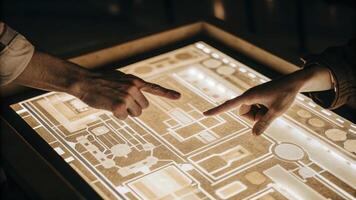 A closeup of two hands manipulating a holographic blueprint for a zerowaste facility with elements like composting systems and energyefficient layouts depicted in luminous detail.. photo