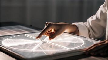 A closeup of a users hand reaching out to manipulate a 3D hologram of a financial pie chart with light reflecting off the translucent surface emphasizing the interactive. photo