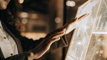 A closeup shot of a holographic interface showcasing interactive maps and analytics with a businesswoman reaching out to manipulate the data her hand shimmering with projected. photo