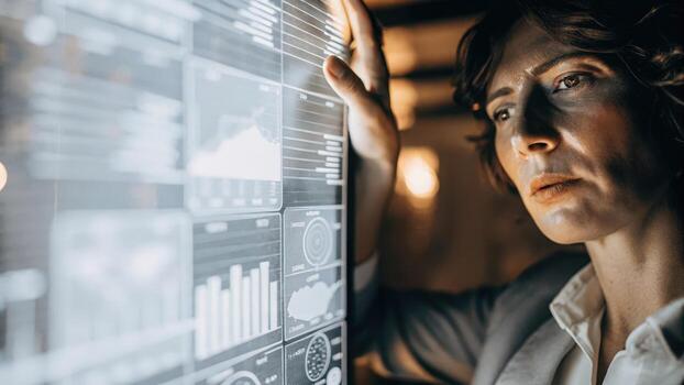A closeup of an individuals focused expression as they manipulate a holographic display pulling up realtime data on governance compliance for an ongoing project.. photo