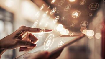 A hand swiping through a virtual interface filled with animated icons for various marketing channels conveying a sense of seamless interaction with digital tools.. photo