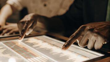 A closeup of hands manipulating a holographic interface with colorful icons and product features hovering in midair highlighting user engagement in an augmented reality experience.. photo