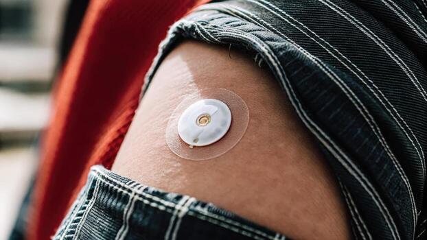 A detailed shot of a patch adhered to skin embedded with microsensors that transmit data on glucose levels for seamless diabetes management.. photo