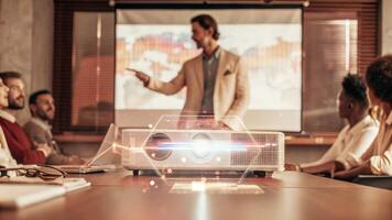 A consultant presenting a digital strategy to a group with vibrant holographic infographics and product prototypes hovering above a portable projection device.. photo