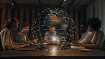 A holographic globe spins above a conference table with team members collaborating on strategies for global expansion their figures cast in soft light against the digital display.. photo