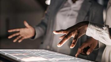 A closeup on a holographic interface displaying a dynamic chart as a trainee interacts with the visual data using hand gestures reflecting excitement and curiosity.. photo