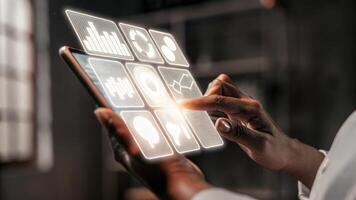 A closeup of hands manipulating a floating holographic interface displaying various metrics and analytics with digital graphs and icons glowing dynamically in a dark room.. photo