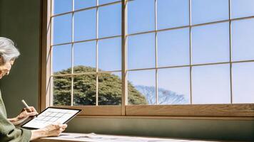 Elderly woman playing sudoku on tablet by window with nature view photo