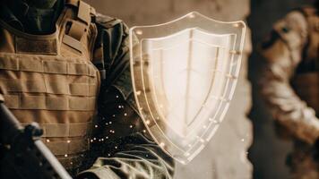 A closeup of an impressive holographic shield that projects a layer of protection around data streams illustrating advanced defensive measures in the operational environment.. photo