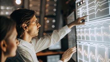 A focused IT spet adjusting settings on a holographic interface with waveforms and security algorithms visually responding to their inputs in realtime.. photo