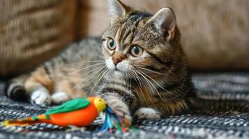 A playful cat interacts with a colorful toy bird on a textured surface. photo