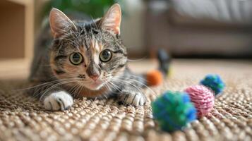 A playful cat crouches on a woven rug, eyeing colorful toys nearby. photo