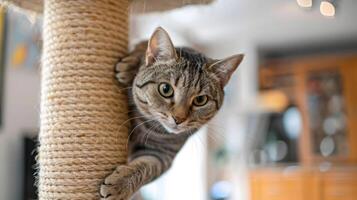 A playful cat climbing a scratching post in a cozy indoor environment. photo