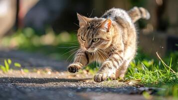 A tabby cat stealthily prowling along a path, showcasing its agility and focus. photo
