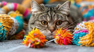 A playful cat surrounded by colorful toys, showcasing a moment of curiosity and fun. photo