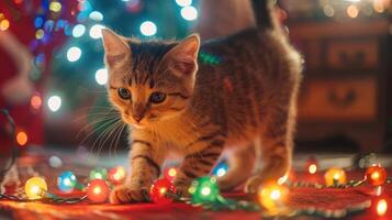 A playful kitten explores colorful holiday lights on a festive background. photo
