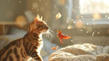 A Bengal cat gazes curiously at a small, colorful bird in a sunlit room. photo