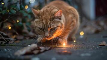 An orange cat prowls through fallen leaves with soft lights in the background. photo