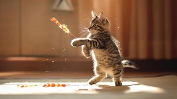 A playful kitten pounces on a feather toy, capturing a moment of joy and curiosity. photo