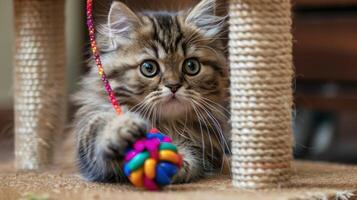 A playful kitten engages with a colorful toy ball under a scratching post. photo