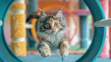 A playful cat leaps through a colorful tunnel in a vibrant indoor play area. photo