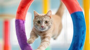 A cat leaps through a colorful hoop in a playful indoor setting. photo