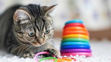 A playful cat interacts with colorful stacking rings on a soft surface. photo