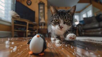 A playful cat approaches a small penguin toy on a wooden floor, surrounded by scattered fluff. photo