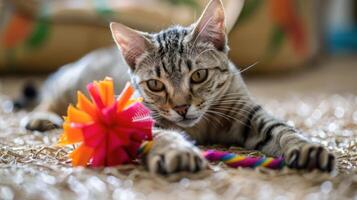 A playful cat rests beside colorful toys on a textured surface. photo