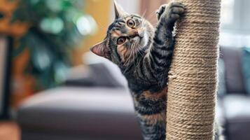 A playful cat climbing a scratching post in a cozy indoor setting. photo