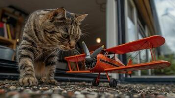 A curious cat examines a toy airplane on a textured surface near an open doorway. photo